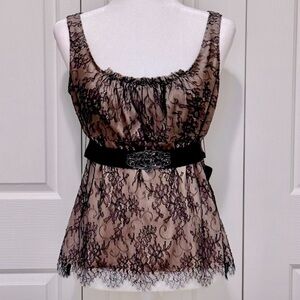 Elie Tahari Emilia Black Gold Lace Overlay Satin Top Belted M
